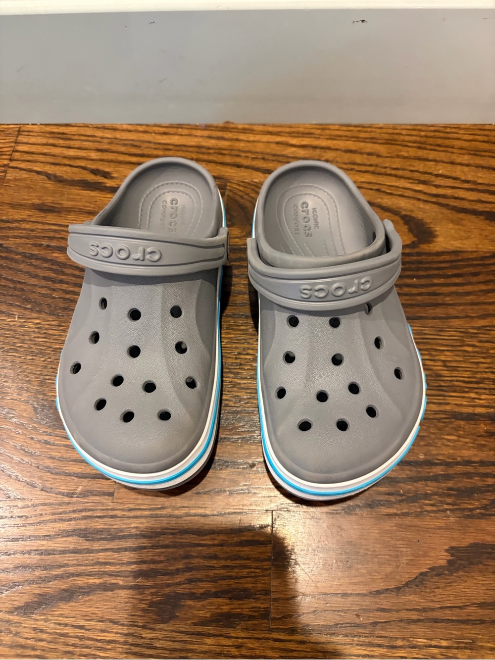 CROCS Kids Classic Clog in Gray with Blue Trim
